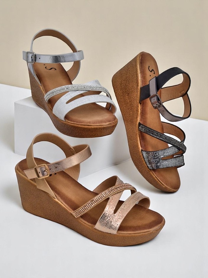 Royalfashion Women's wedge sandals with rhinestones and glitter Eclat