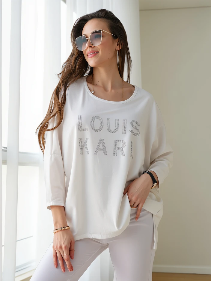 Royalfashion Women's viscose blouse with rhinestone inscriptions