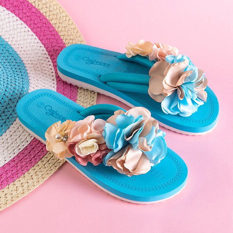 Blue flip flops with decorative flowers Flores - Footwear