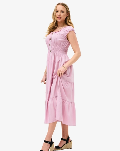 Purple long strapless women's dress with decorative buttons- Clothing