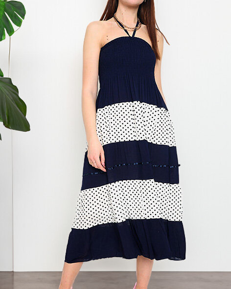 Navy blue maxi skirt with polka dots PLUS SIZE - Clothing