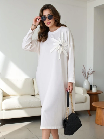Royalfashion Women's midi oversized fabric dress with a flower