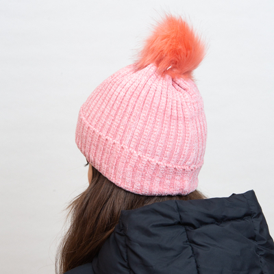 Pink insulated beanie with white stripes and pompom - Accessories