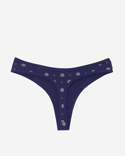 Navy blue women's cotton thongs with flowers - Underwear