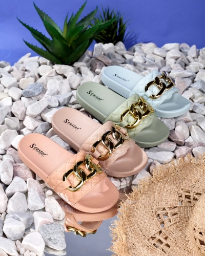 Zilas sieviešu stepētas čības ar zelta ķēdīti Eteris - Apavi