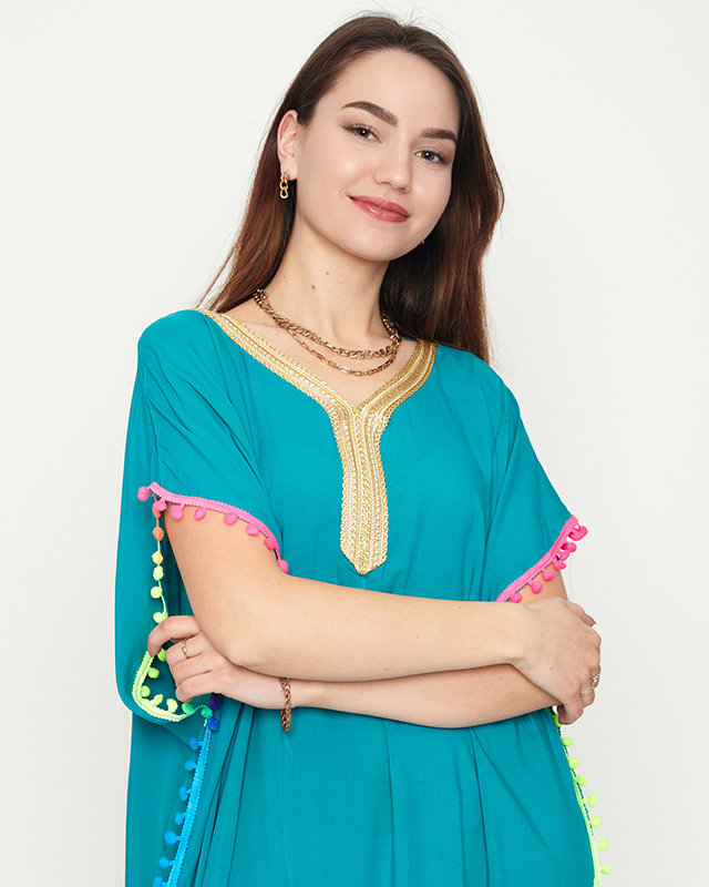 Women's green summer beach tunic with pompoms - Clothing