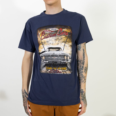 Navy blue cotton men's t-shirt with car print - Clothing