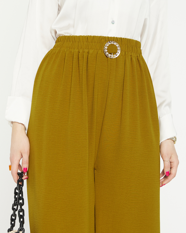 Women's wide palazzo trousers with olive-colored decoration - Clothing