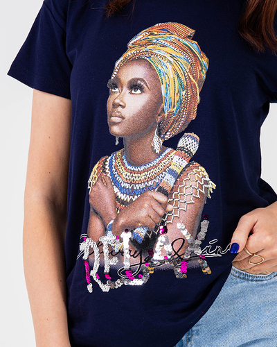 Navy blue women's t-shirt with colorful print and sequins - Clothing