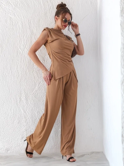 Royalfashion Women's ribbed set with an asymmetrical sleeveless blouse and flared pants
