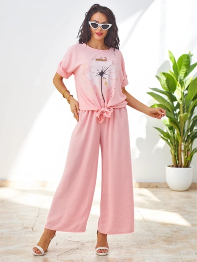 Royalfashion Women's casual set with a short-sleeved blouse and wide pants