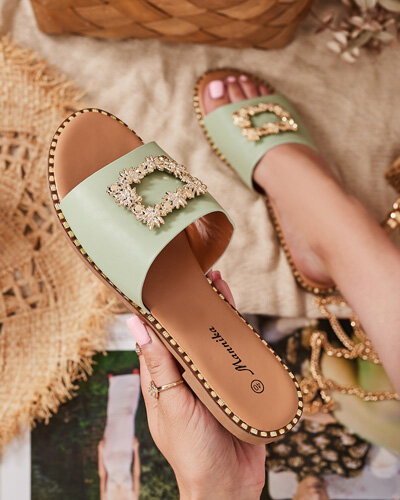 Green elegant women's slippers with golden ornament Meriso - Footwear