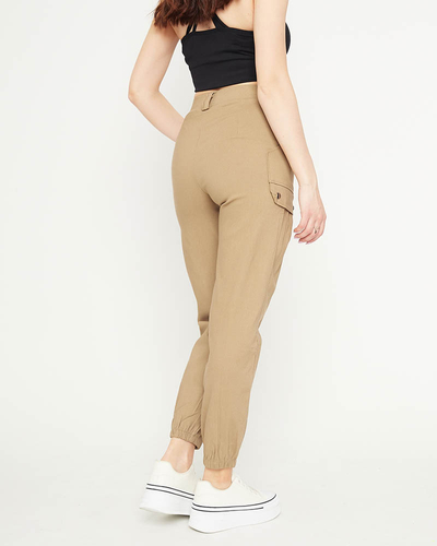 Beige women's cargo trousers with cuffs - Clothing