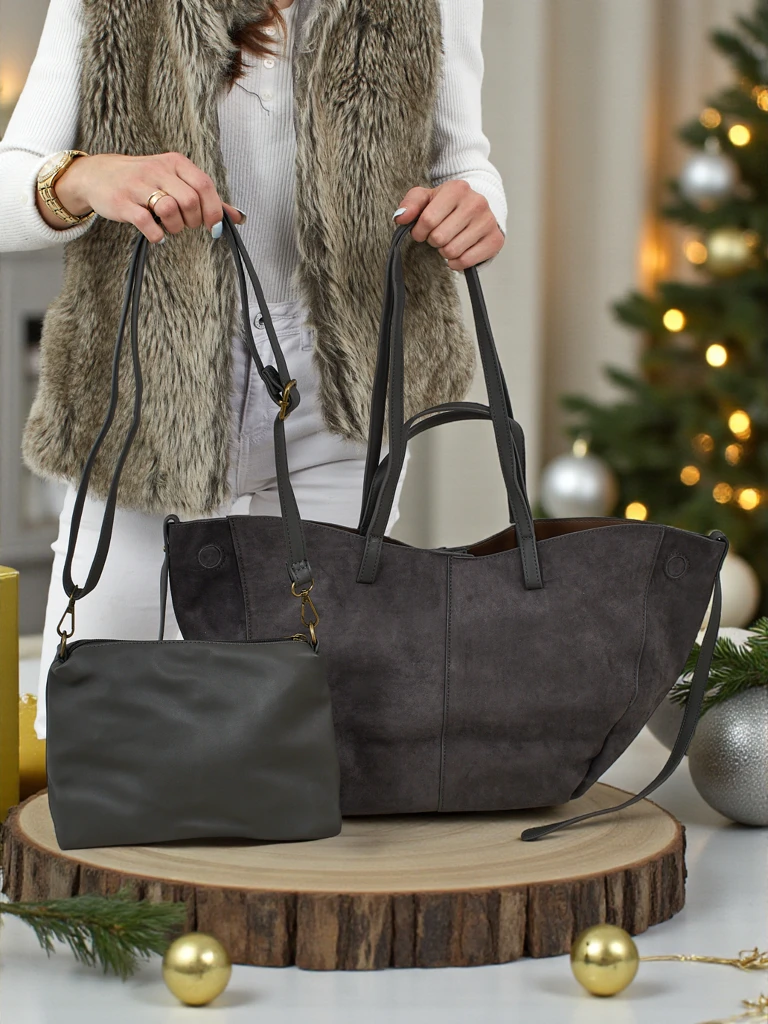 Women's shopper bag eco suede with smaller eco leather included 2in1 Elinea