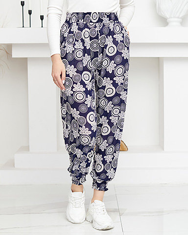 Navy blue and white women's pants with PLUS SIZE print - Clothing