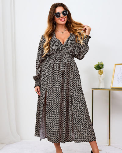 Royalfashion Bēšas un melnas krāsas rakstaina sieviešu maxi kleita