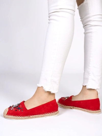 Red women's eco-suede espadrilles with cubic zirconias Mediros - Footwear