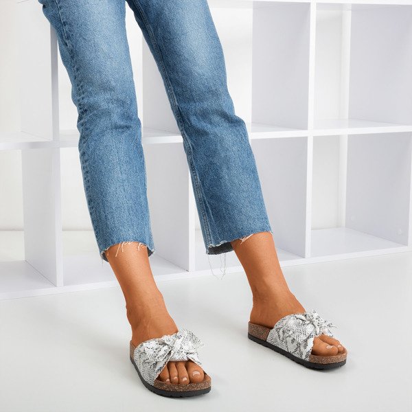 White women's slippers with bow a'la snake skin Sunshine - Footwear 1