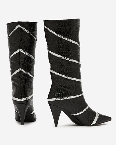 Черно-серебристые женские сапоги на шпильке с тиснеными полосками Felifea- Footwear