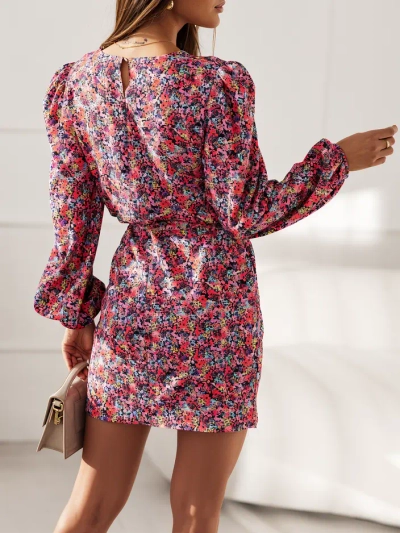 Royalfashion Цветочное мини-платье для женщин с рукавами-латками и поясом