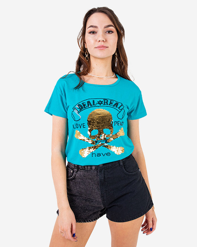 Zils sieviešu t-krekls ar fliteriem un uzrakstiem - Apģērbs