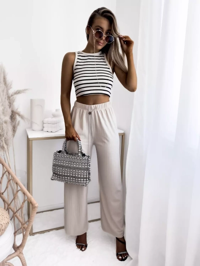 Beige women's wide ribbed pants - Clothing