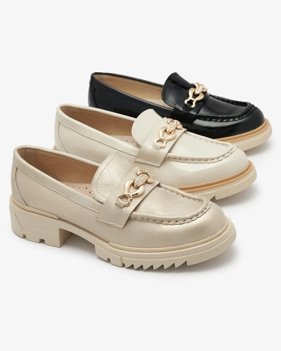 Beige lacquered women's moccasins with chain Sotella - Footwear
