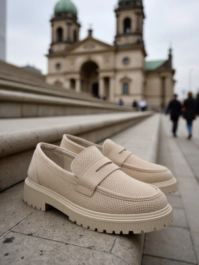 Damskie loafersy Callista beżove, skura ekologiczeska, płaski obcas 4 cm