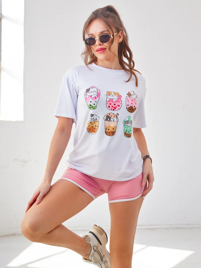 Спортивный комплект для женщин Royalfashion с футболкой и шортами Kitty Cat