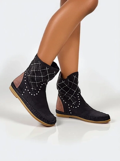 Royalfashion Sieviešu potītes zābaki ar zemu wedge un studiem Indijas stilā