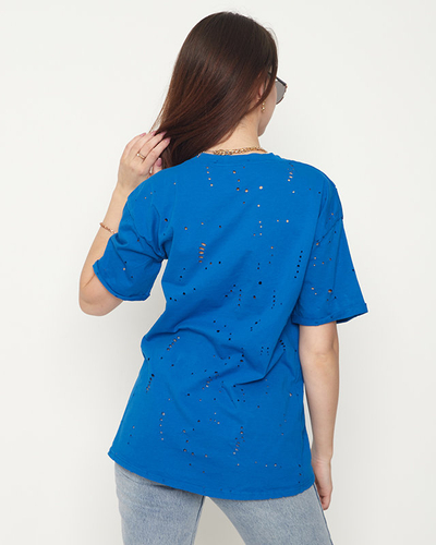 Cobalt cotton women's t-shirt with decorative holes - Clothing