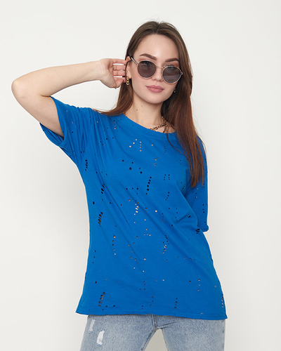 Cobalt cotton women's t-shirt with decorative holes - Clothing