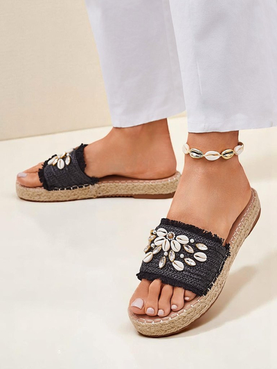 Royalfashion Helena Decor Women's Sandals Black Espadrilles with Shells