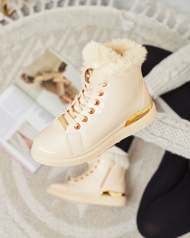 Royalfashion Bēšas krāsas lakoti sieviešu siltinātie zābaki Sylnina