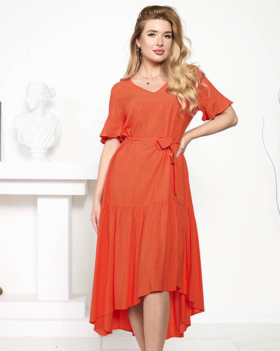 Orange women's maxi dress with a tie - Clothing