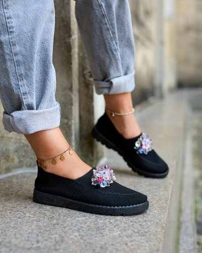 Royalfashion Black women's fabric moccasins with crystals Fezens