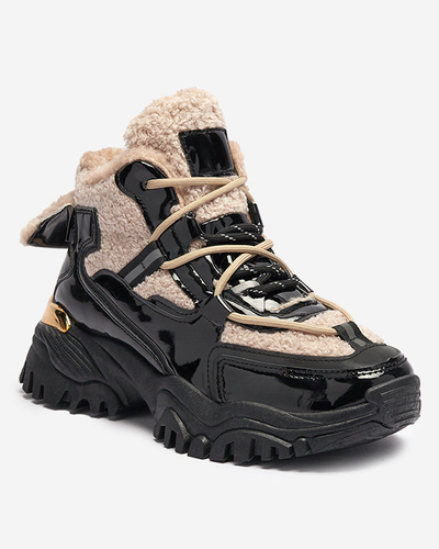 Melni sieviešu sporta apavi ar kažokādu un smilškrāsas mežģīnēm Adbo- Footwear