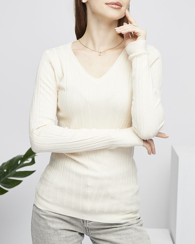 Beige V-neck women's sweater - Clothing