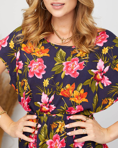 Women's summer navy blue dress with colorful flowers - Clothing