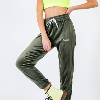 Dark green velour sweatpants with inscription - Clothing