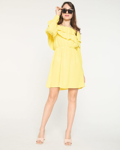 Women's Yellow Short Dress with Ruffles- Clothing