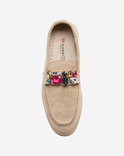 Eco suede light brown women's moccasins with decorative crystals Nellens- Footwear