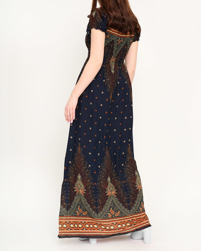 Patterned navy blue women's maxi dress - Clothing