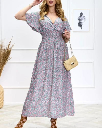 Women's green long dress with floral print - Clothing