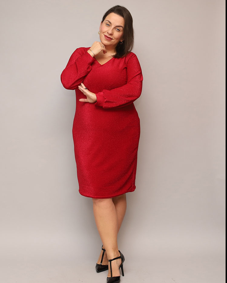 Royalfashion Glittering women's dress before the knee in red PLUS SIZE