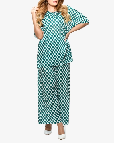 Green women's pleated patterned set - Clothing