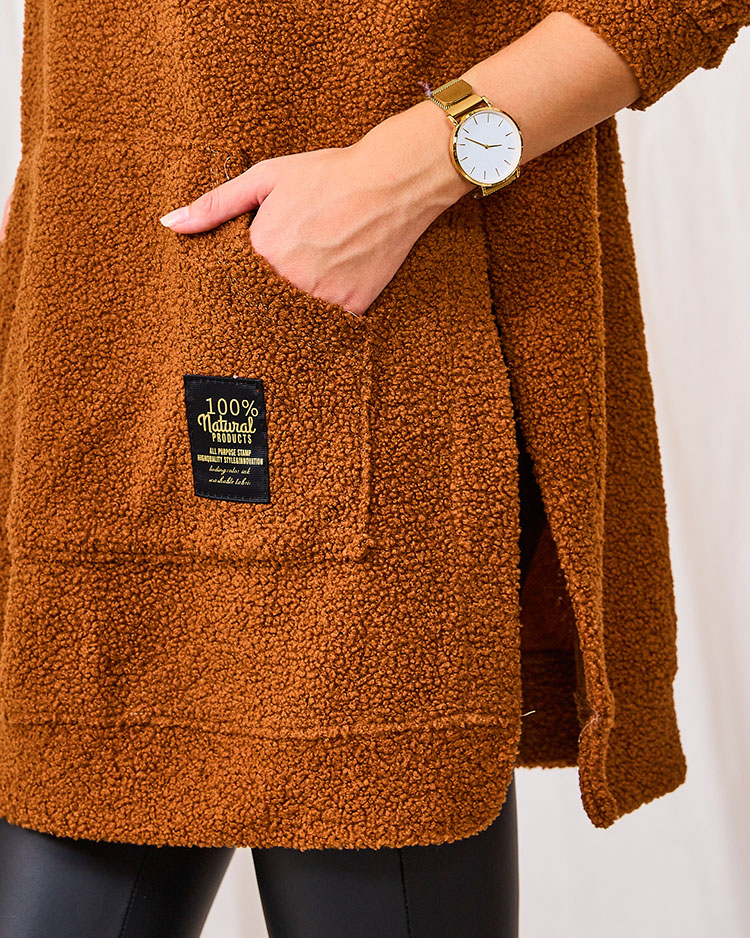 Royalfashion Верблюжий длинный женский свитер с капюшоном