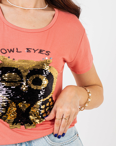 Оранжевая женская футболка с пайетками - Одежда