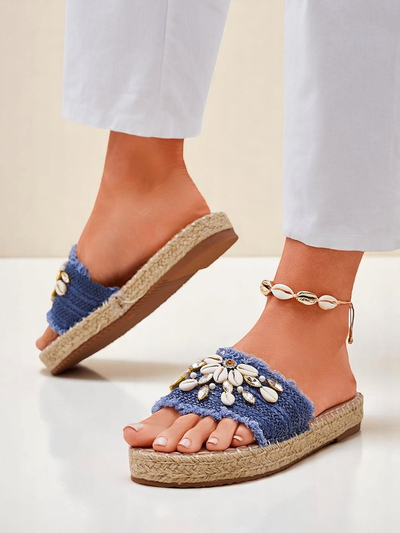 Royalfashion Calista summer flip-flops – light blue with shells on a flat sole