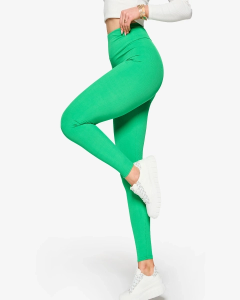 Green women's ribbed leggings- Clothing